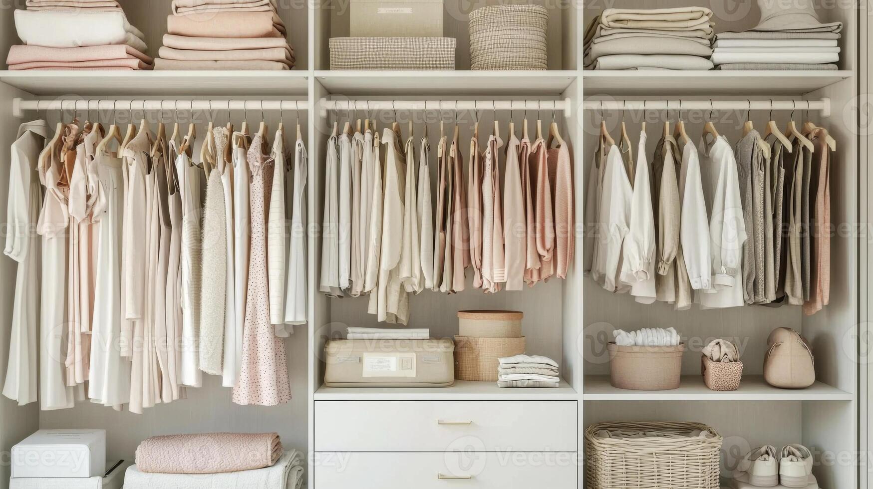 Minimalist wardrobe with neutral color palettes. Decluttered lifestyle concept photo
