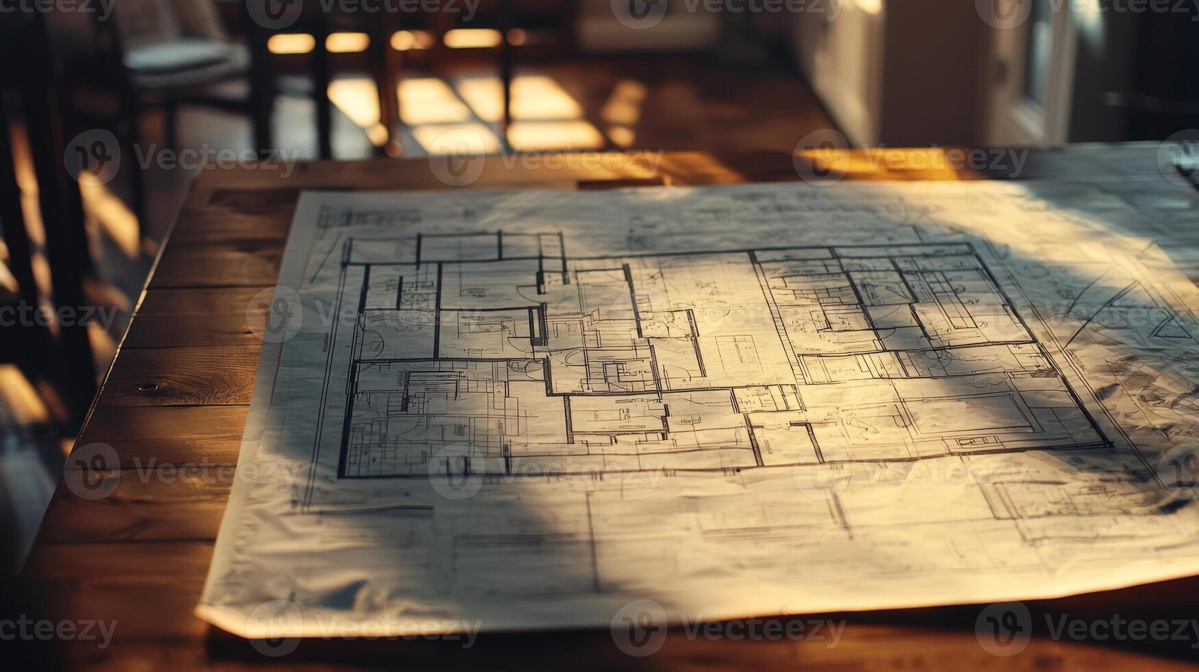 Architectural blueprint floor plans displayed on a table for property development and construction photo