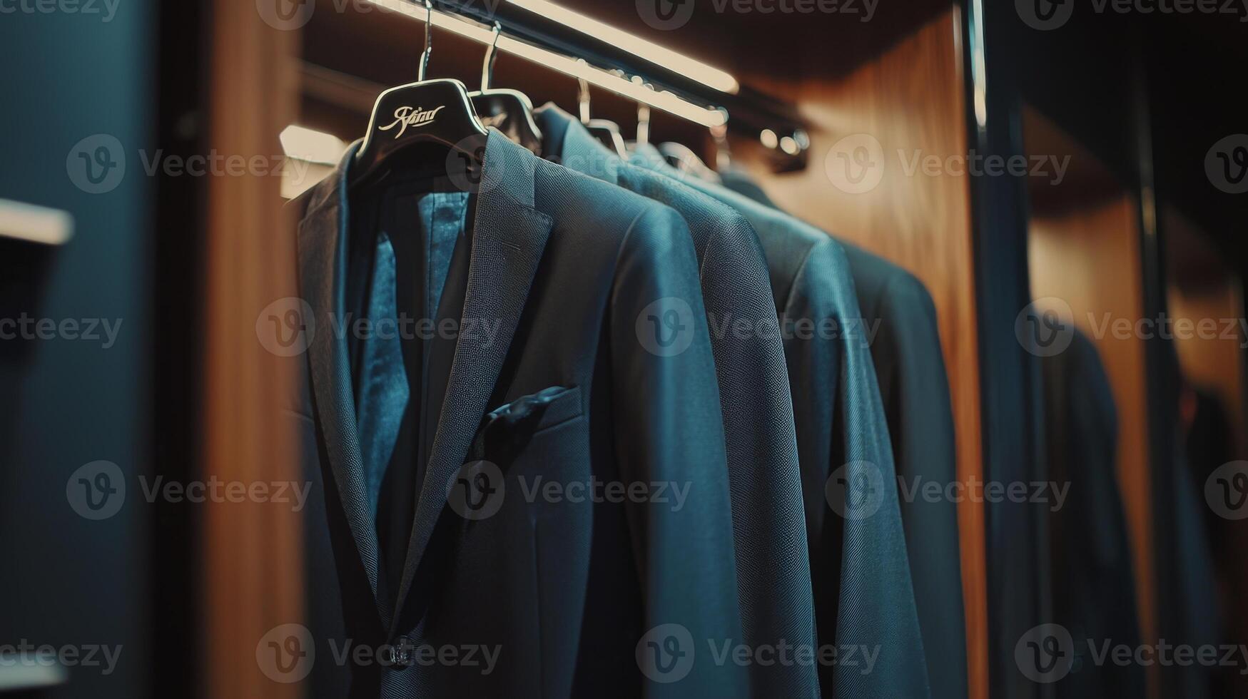 Fashionable men suits hanging in a retail clothing store. Luxury male wardrobe photo