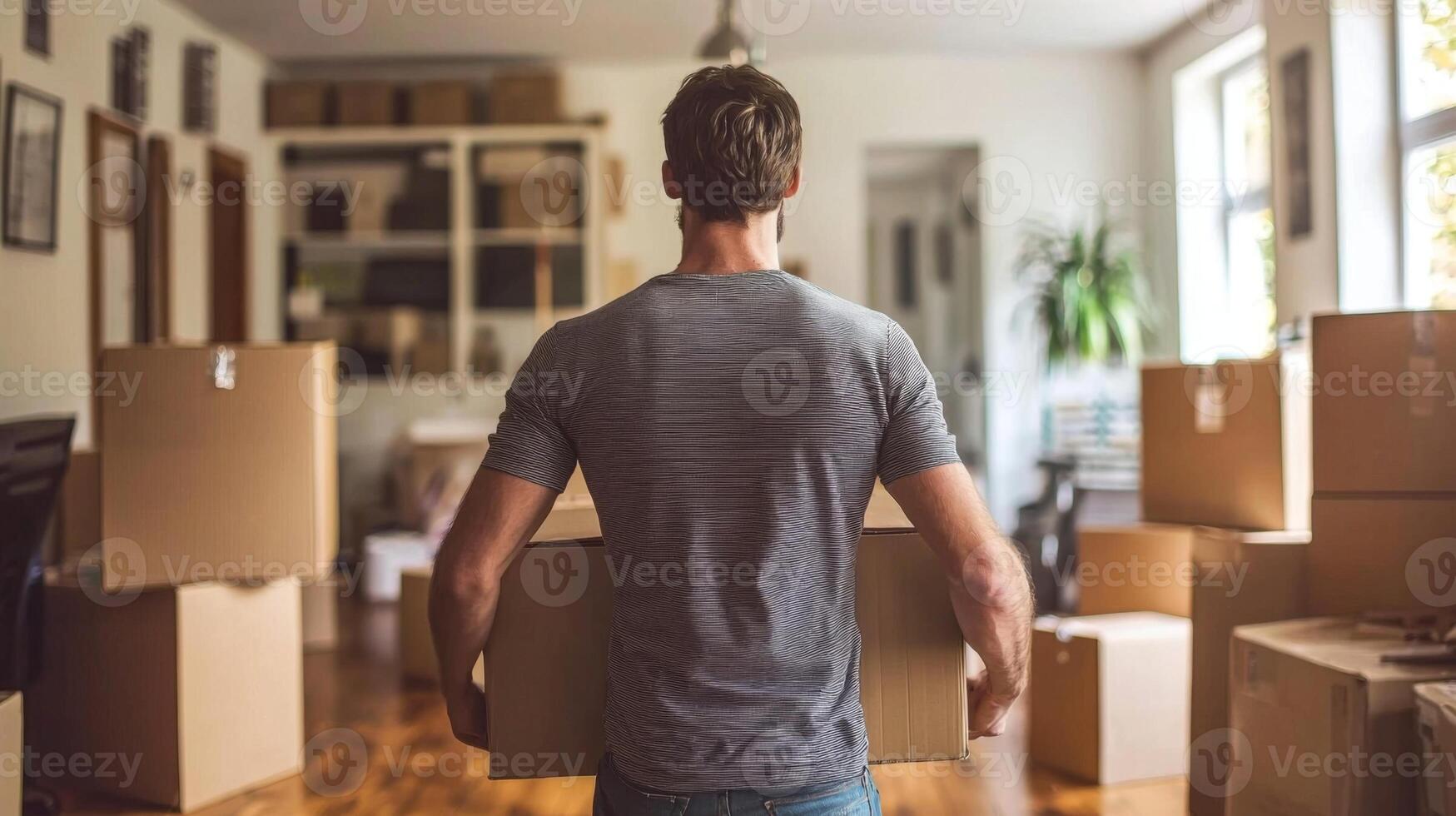 Man moving boxes into his new home. Man carrying a cardboard box in his new apartment photo