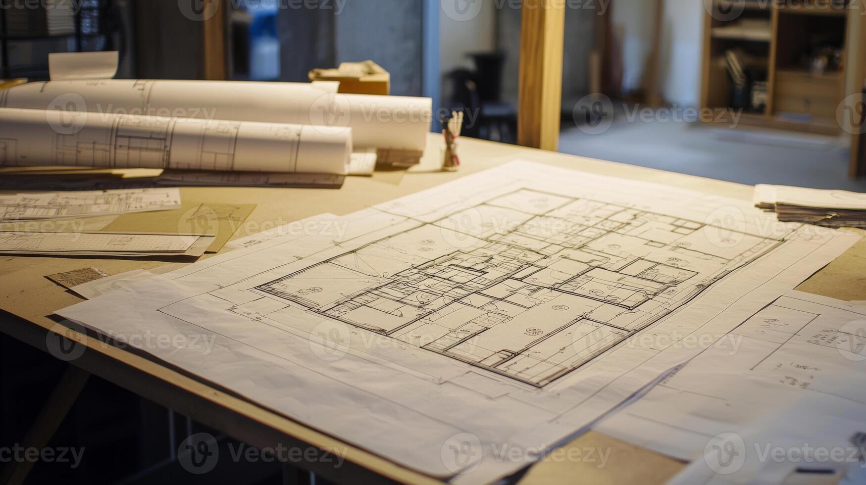 Architectural blueprint floor plans displayed on a table for property development and construction photo