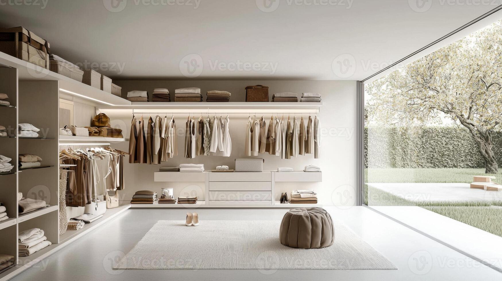 Minimalist wardrobe with neutral color palettes. Decluttered lifestyle concept photo