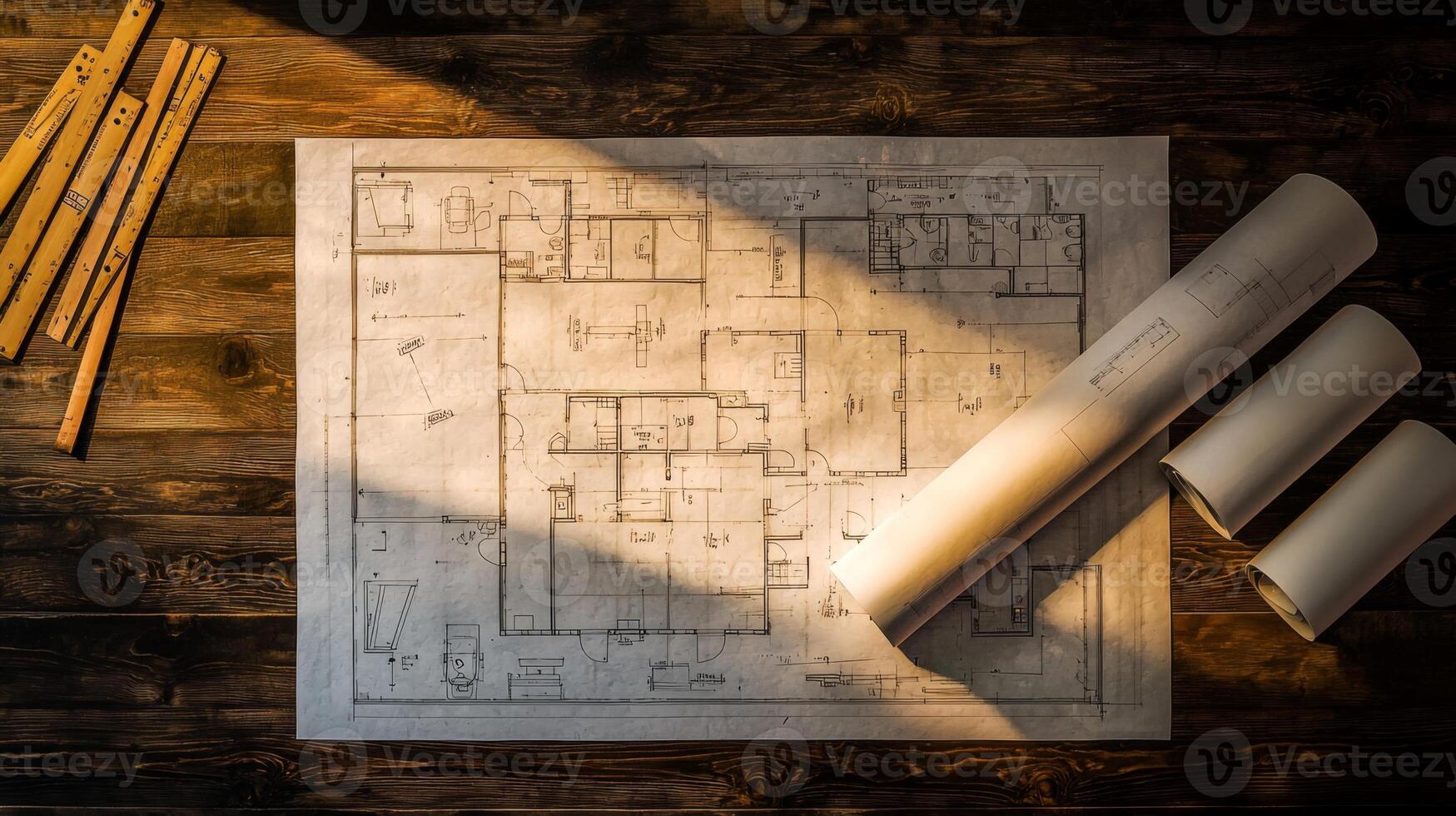 Architectural blueprint floor plans displayed on a table for property development and construction photo