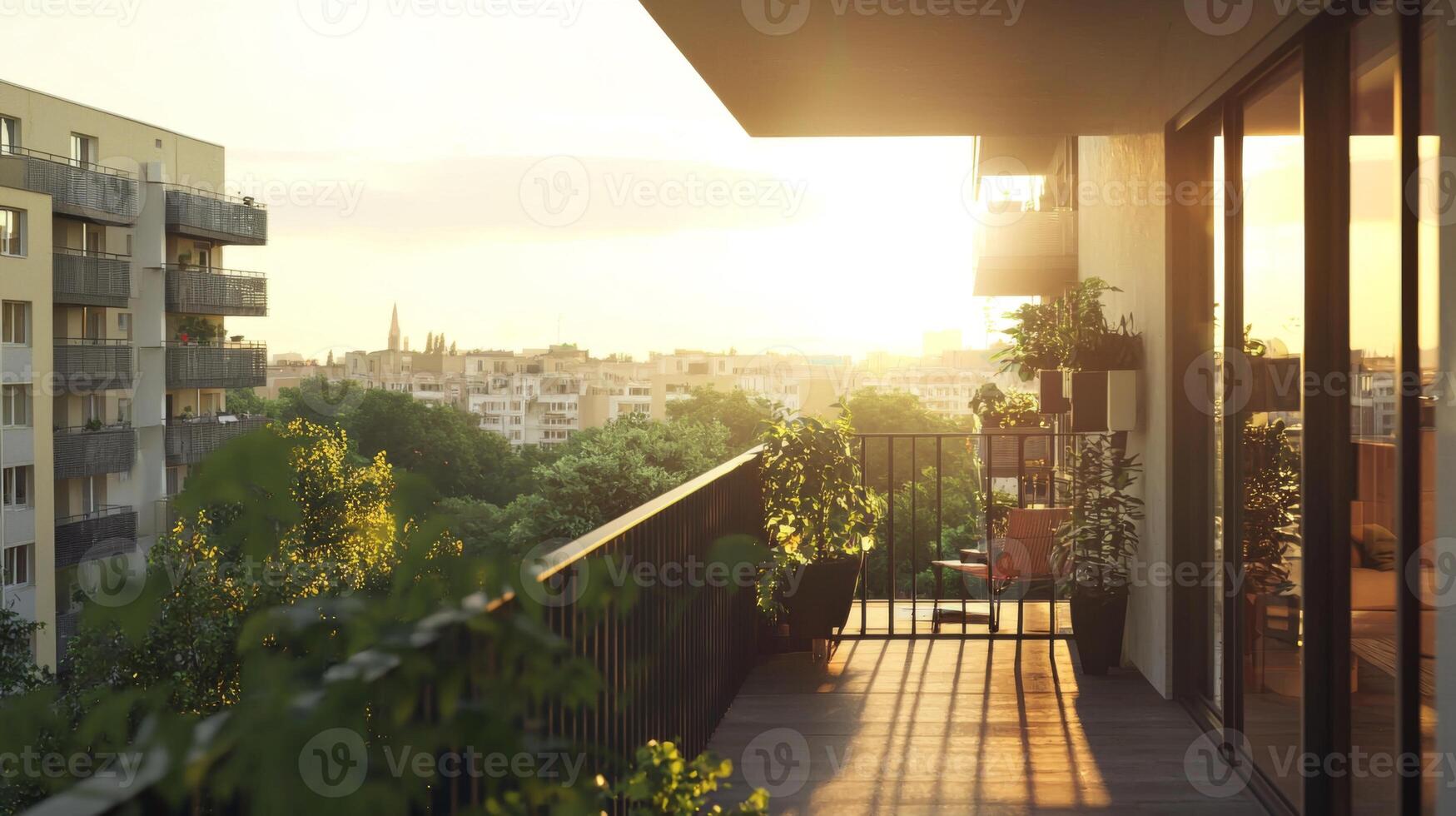 Scenic view from balcony of urban apartment. City skyline viewed from balcony photo