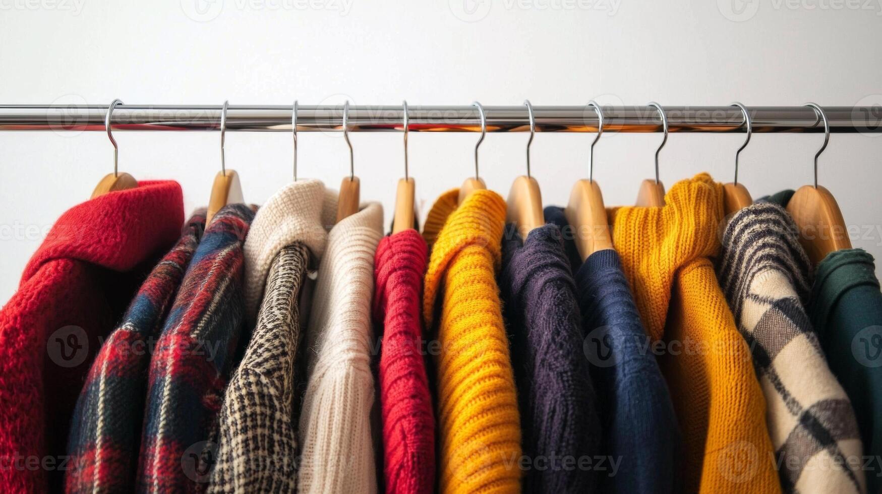 Stylish outfits displayed on a clothing rack. Collection of fashionable clothes photo