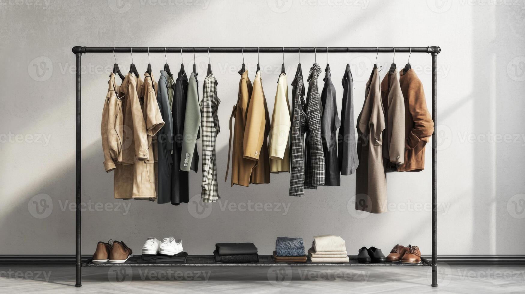Stylish outfits displayed on a clothing rack. Collection of fashionable clothes photo