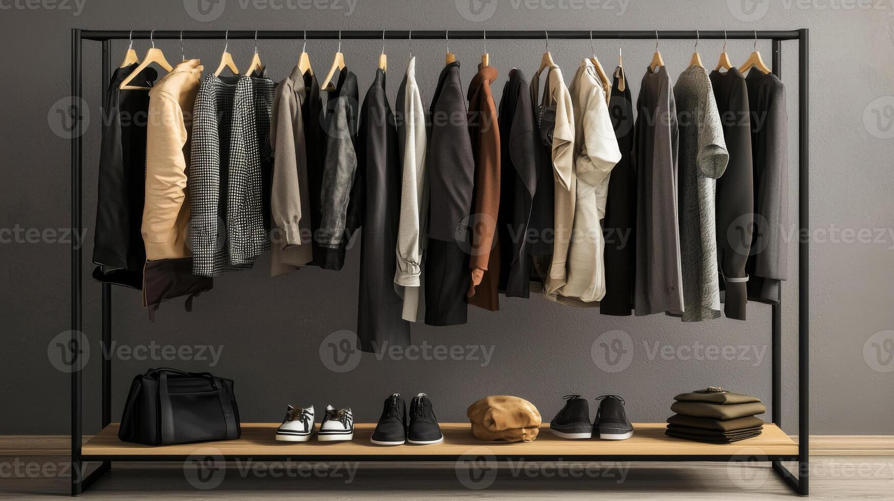 Stylish outfits displayed on a clothing rack. Collection of fashionable clothes photo