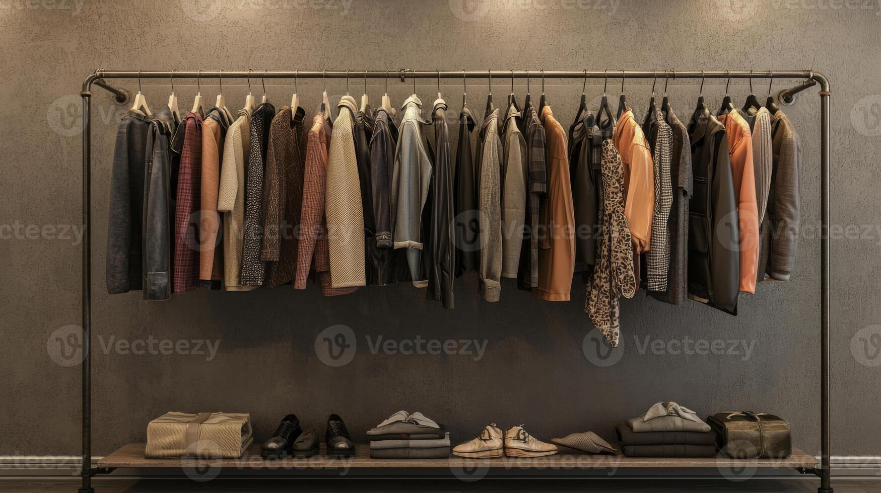 Stylish outfits displayed on a clothing rack. Collection of fashionable clothes photo