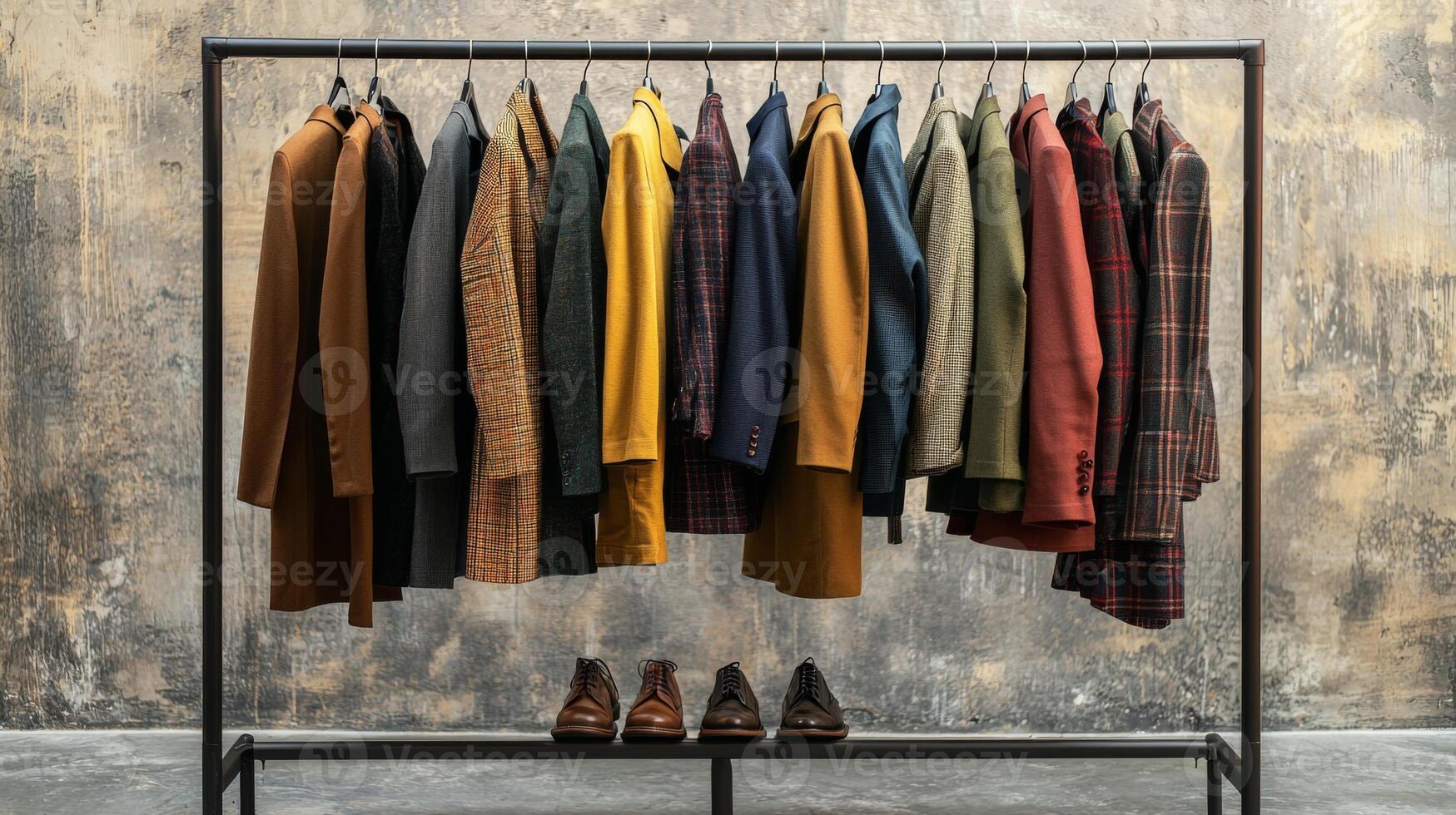Stylish outfits displayed on a clothing rack. Collection of fashionable clothes photo