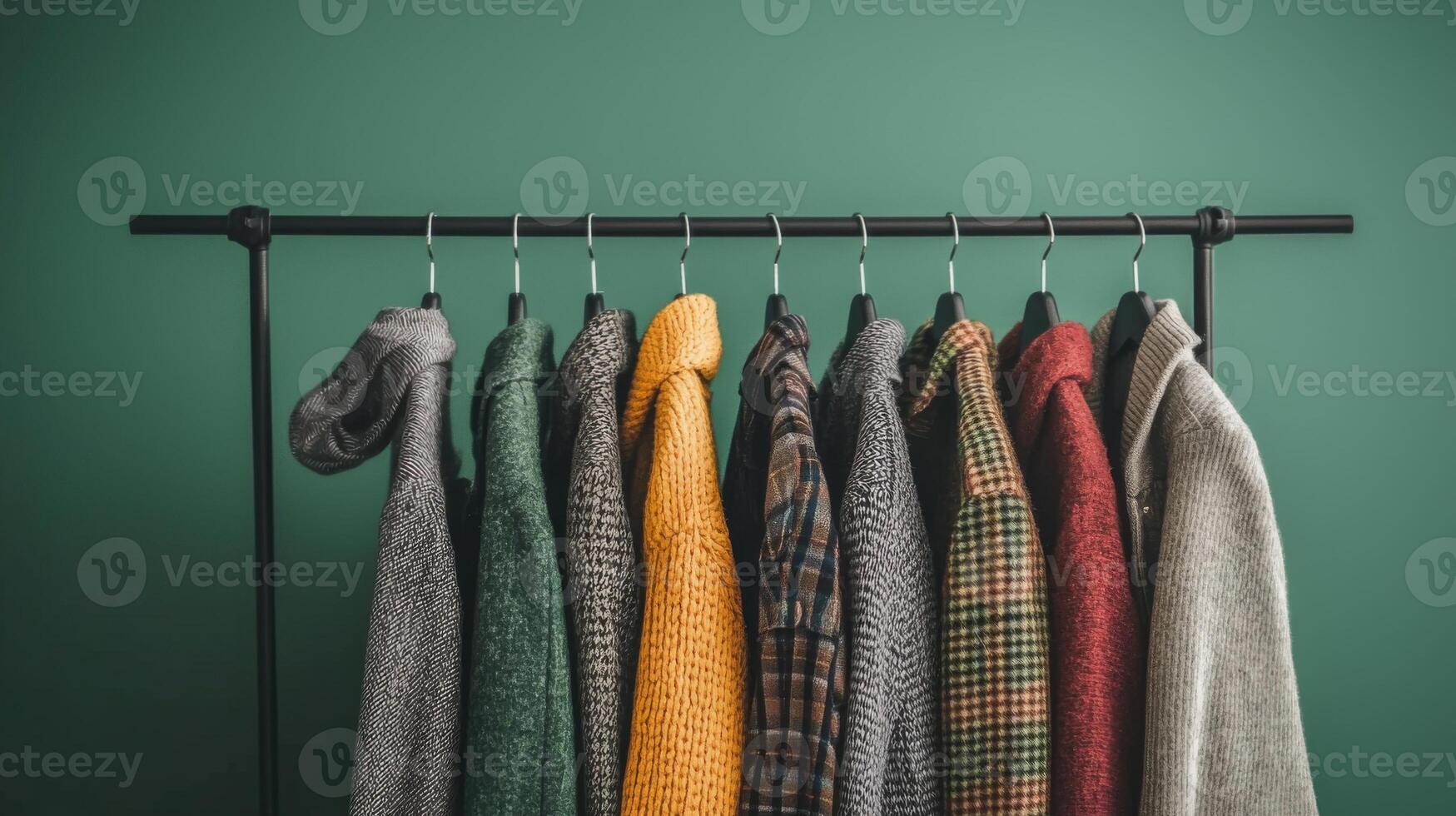Stylish outfits displayed on a clothing rack. Collection of fashionable clothes photo