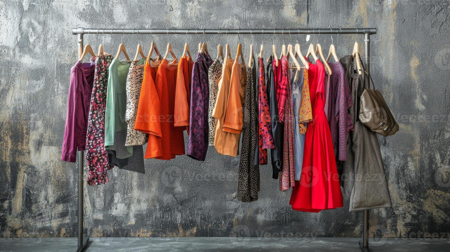 Stylish outfits displayed on a clothing rack. Collection of fashionable clothes photo