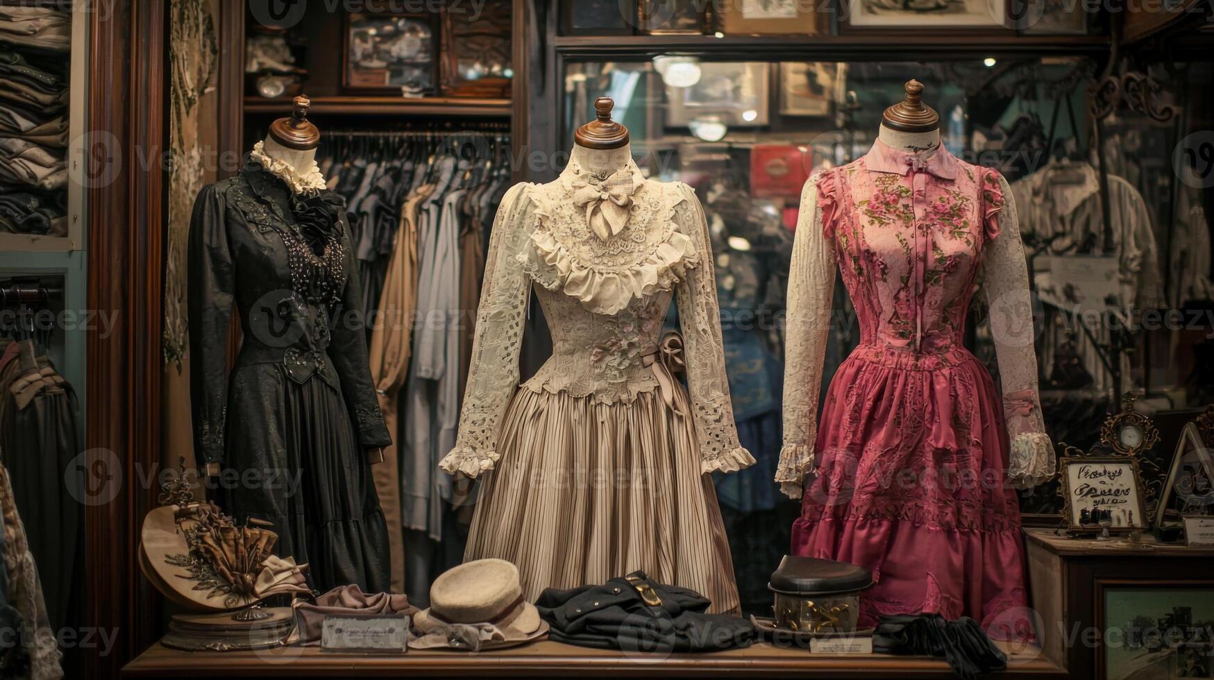 Vintage clothing store with dresses and fashion items displayed in a charming boutique photo