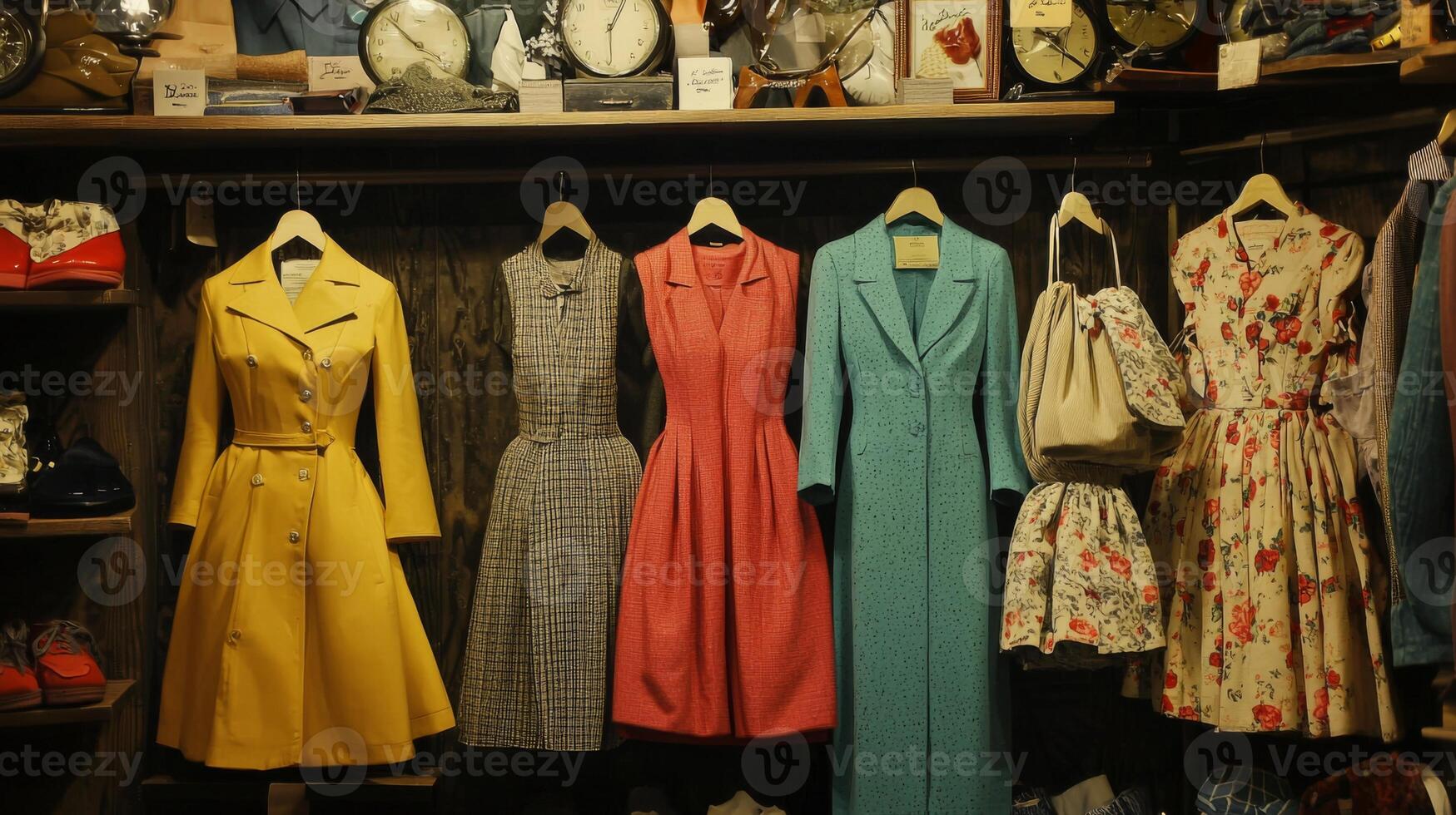 Vintage clothing store with dresses and fashion items displayed in a charming boutique photo