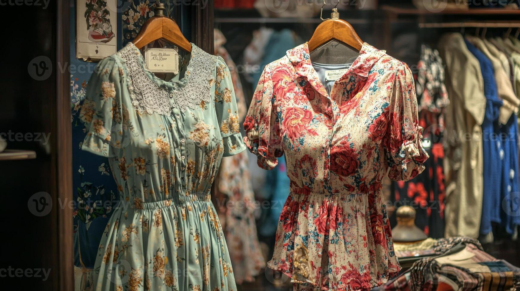 Vintage clothing store with dresses and fashion items displayed in a charming boutique photo