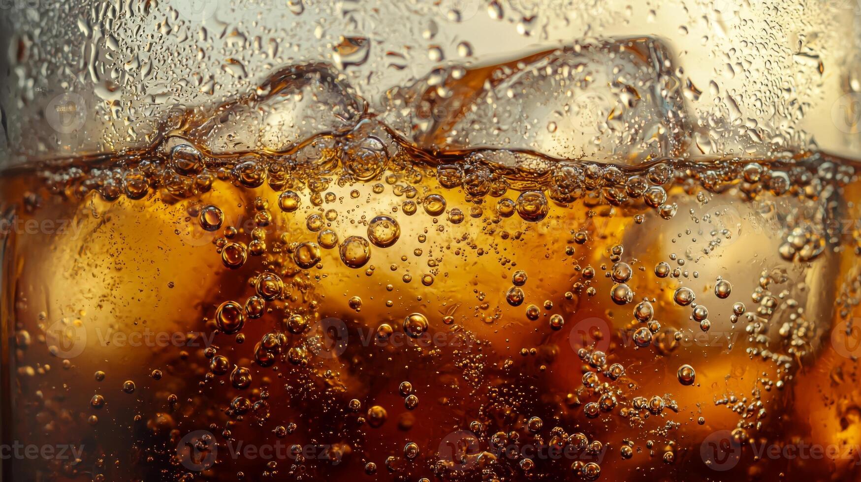 A glass of soda with ice cubes in it. The bubbles in the soda are rising to the top photo