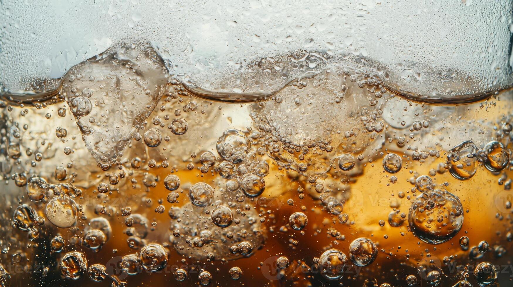 A glass of soda with ice cubes in it. The bubbles in the soda are rising to the top photo