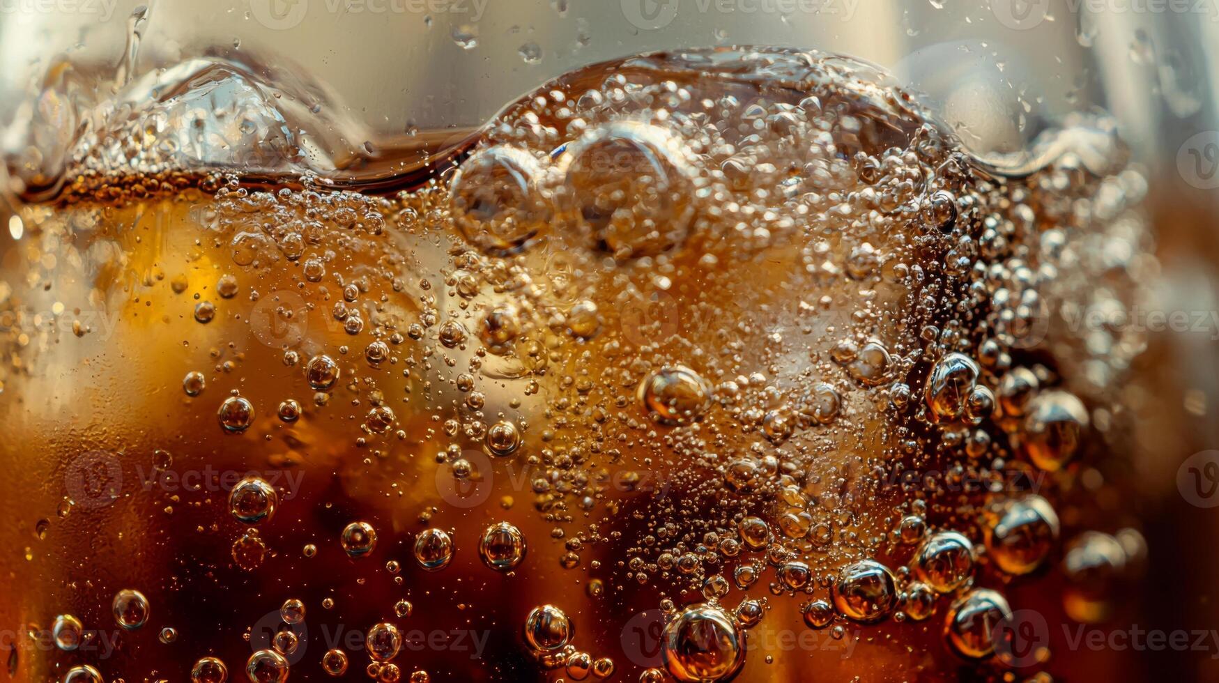 A glass of soda with ice cubes in it. The bubbles in the soda are rising to the top photo