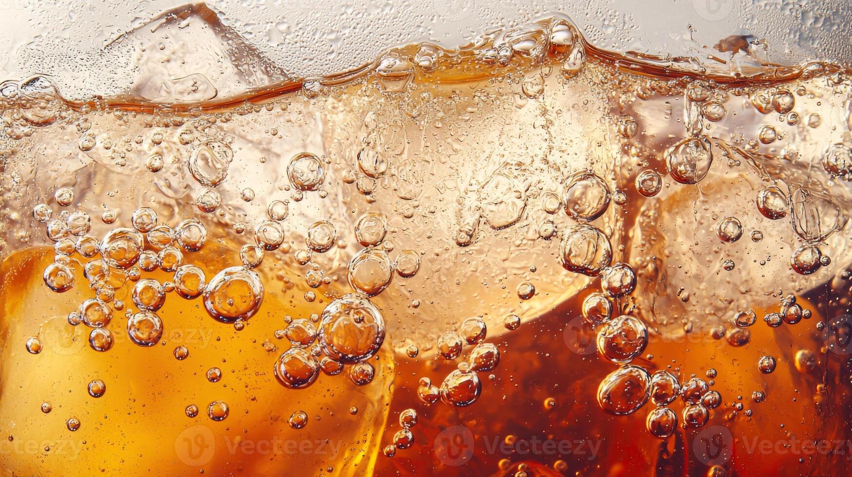 A glass of soda with ice cubes in it. The bubbles in the soda are rising to the top photo