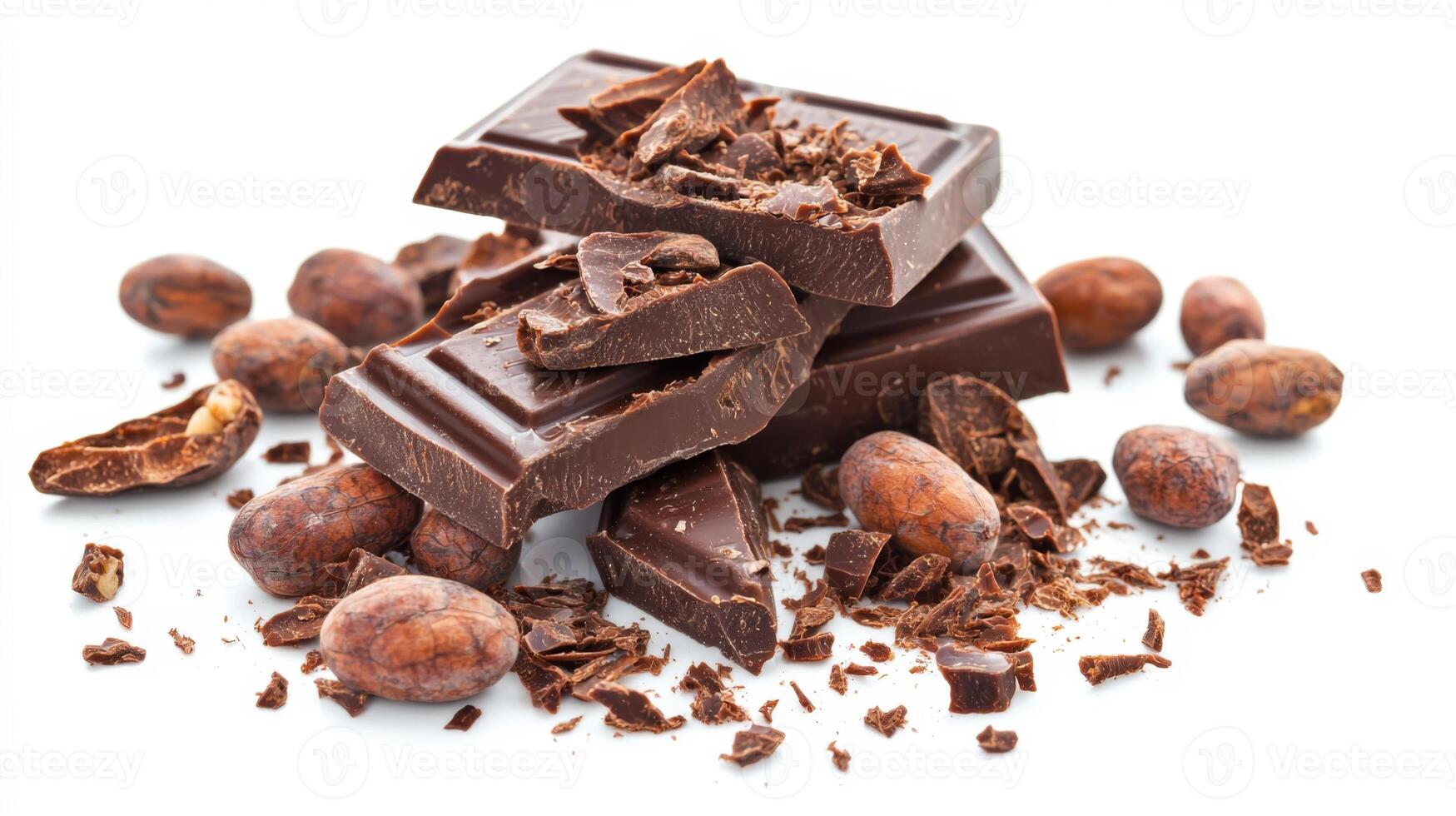 Chocolate bar broken into pieces with cocoa beans on white background photo