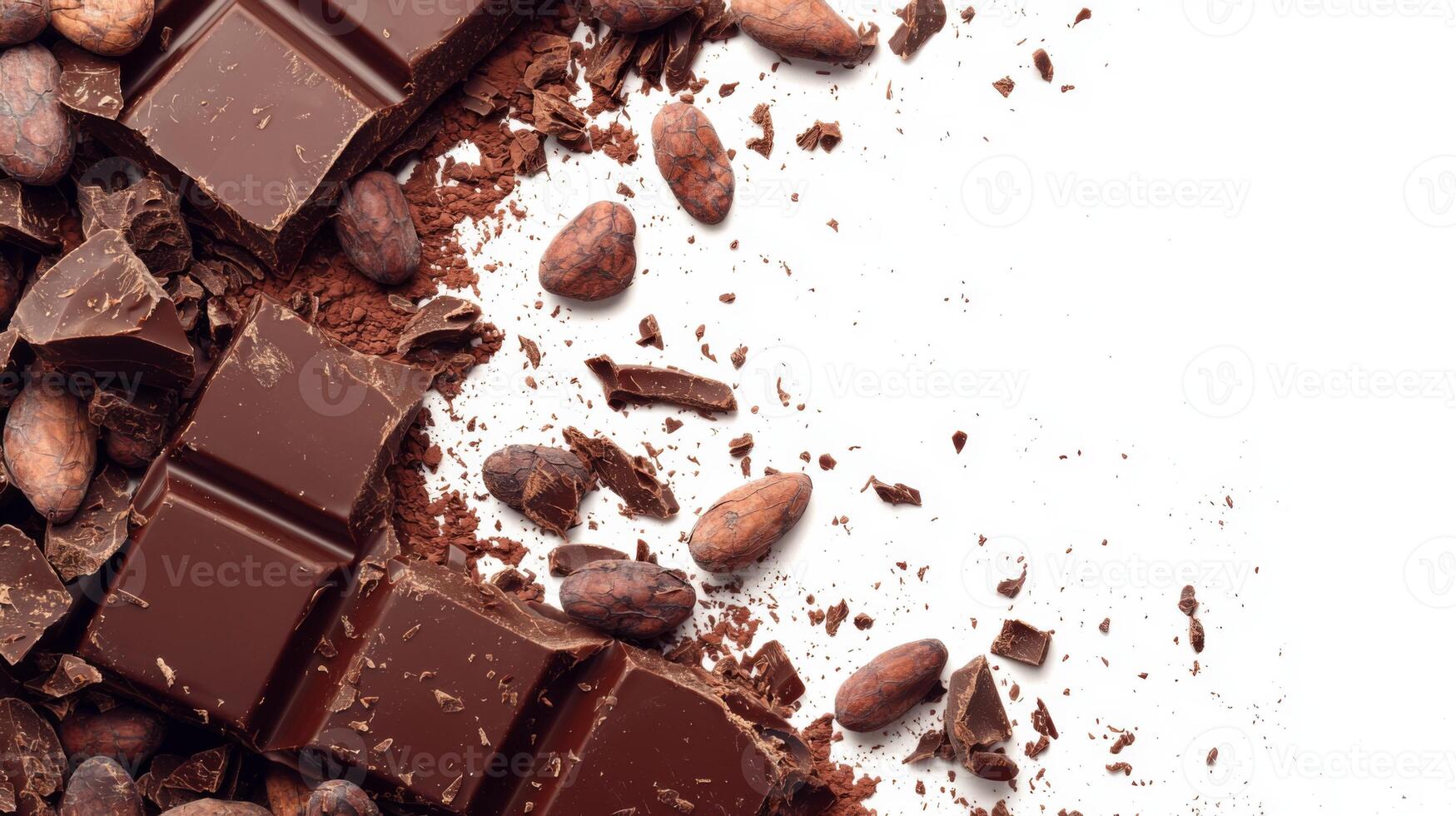 Chocolate bar broken into pieces with cocoa beans on white background photo