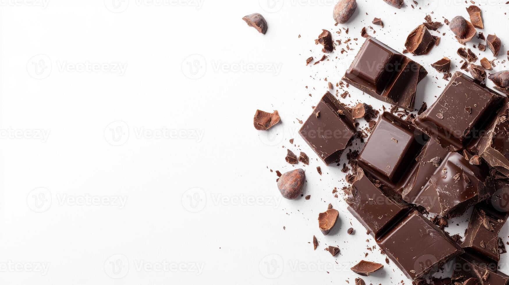 Chocolate bar broken into pieces with cocoa beans on white background photo