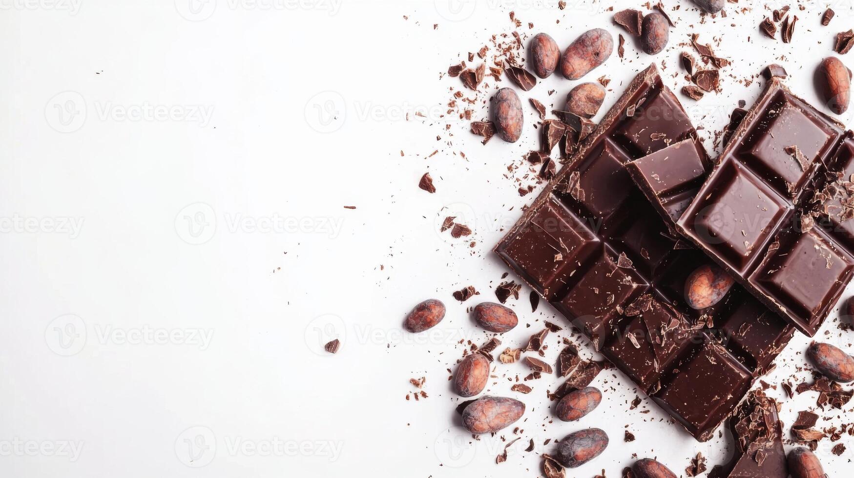 Chocolate bar broken into pieces with cocoa beans on white background photo
