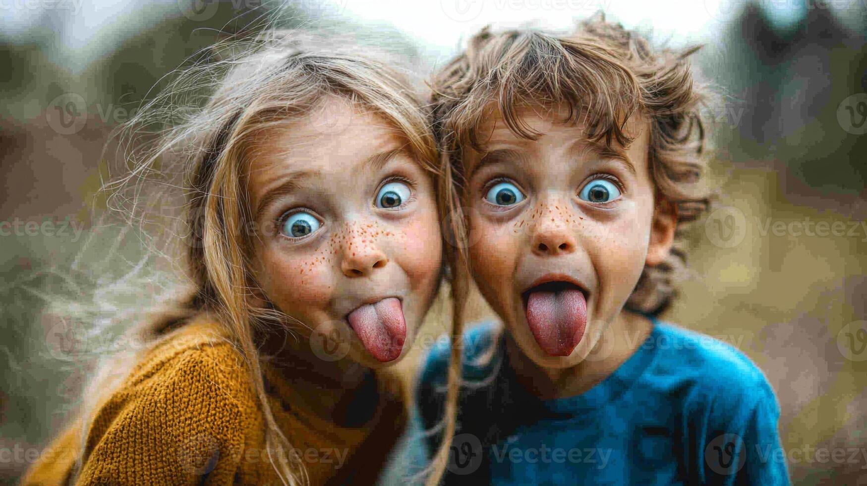 Children making silly and goofy faces, capturing the expressive gestures of their facial expressions photo