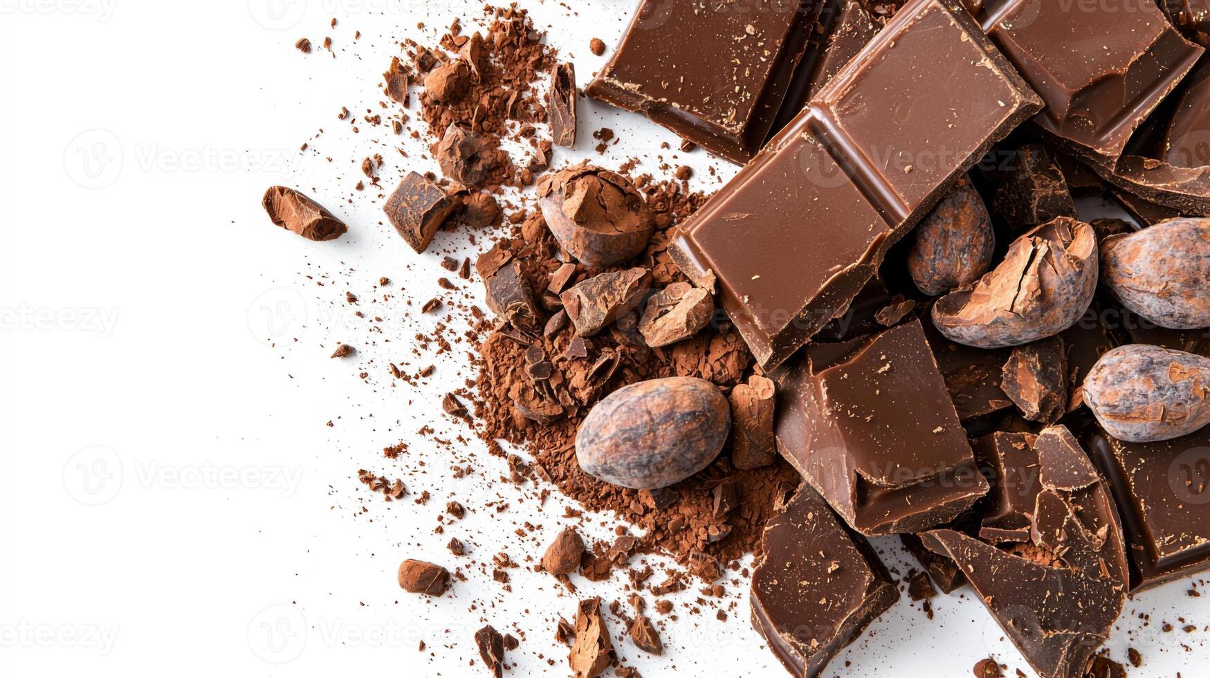 Chocolate bar broken into pieces with cocoa beans on white background photo