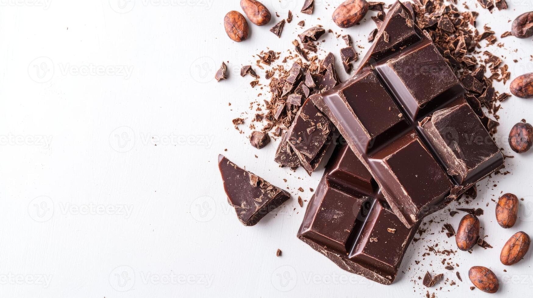 Chocolate bar broken into pieces with cocoa beans on white background photo