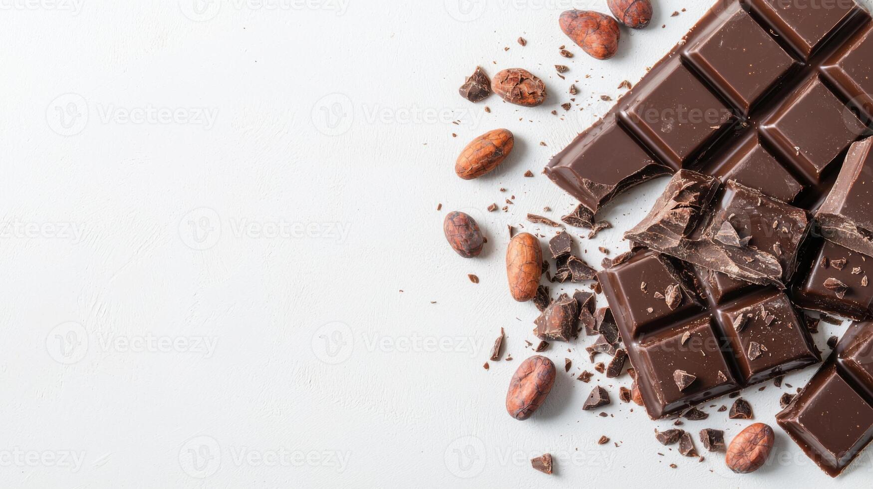 Chocolate bar broken into pieces with cocoa beans on white background photo