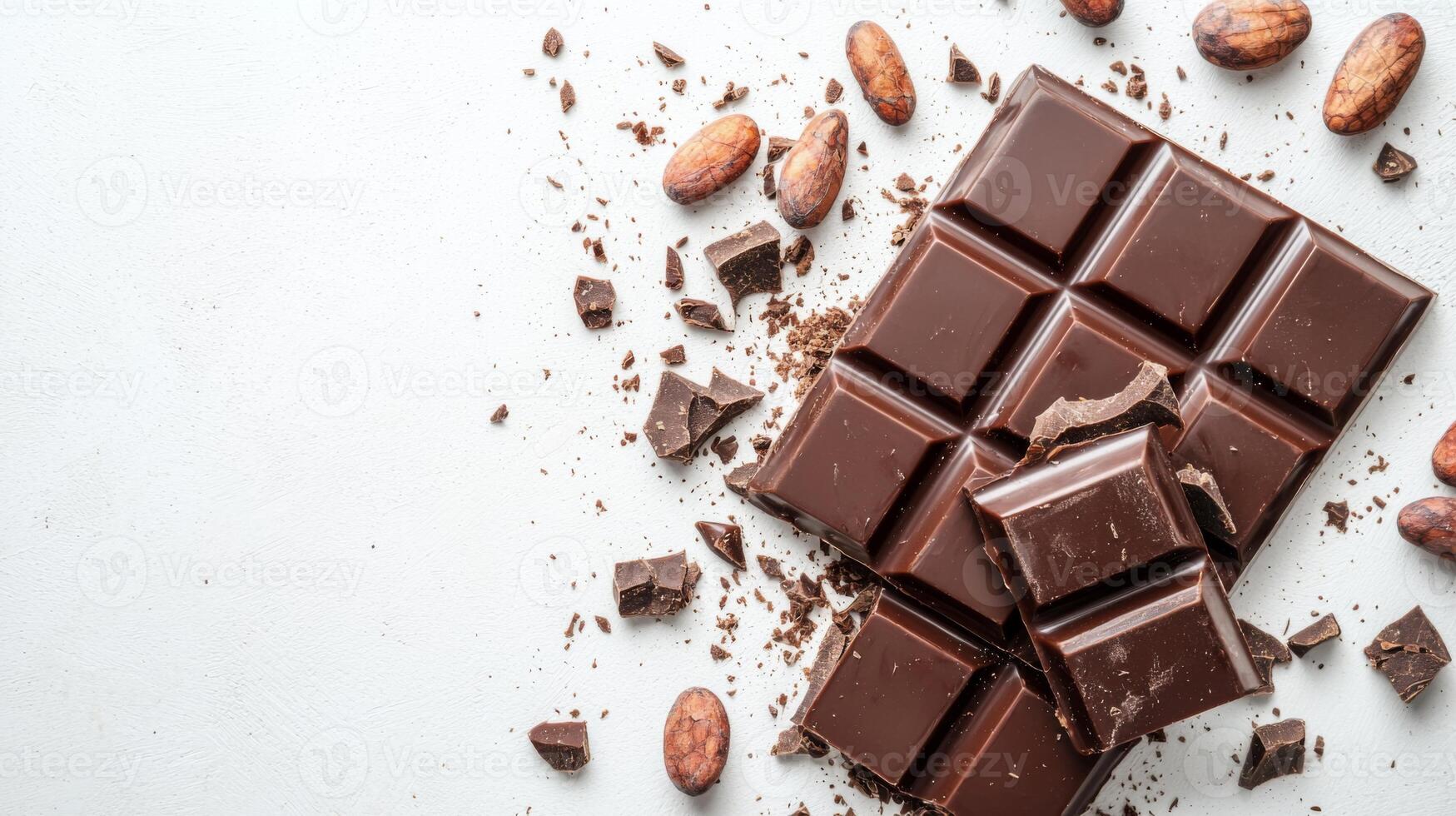 Chocolate bar broken into pieces with cocoa beans on white background photo