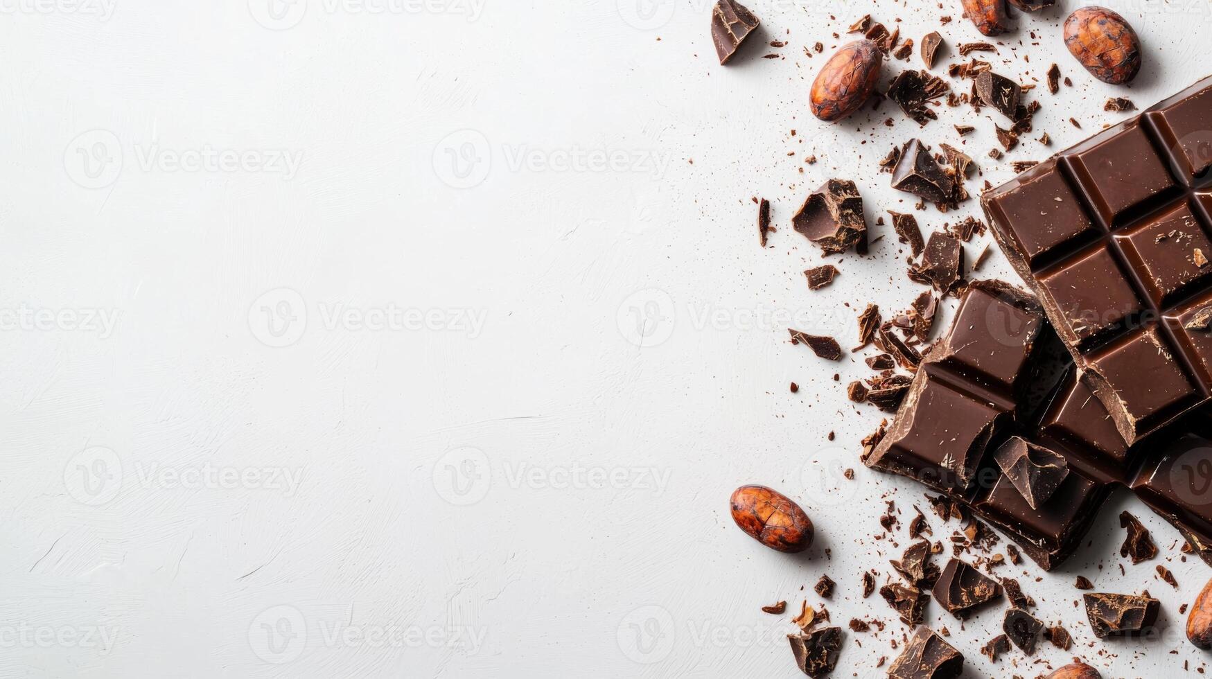 Chocolate bar broken into pieces with cocoa beans on white background photo