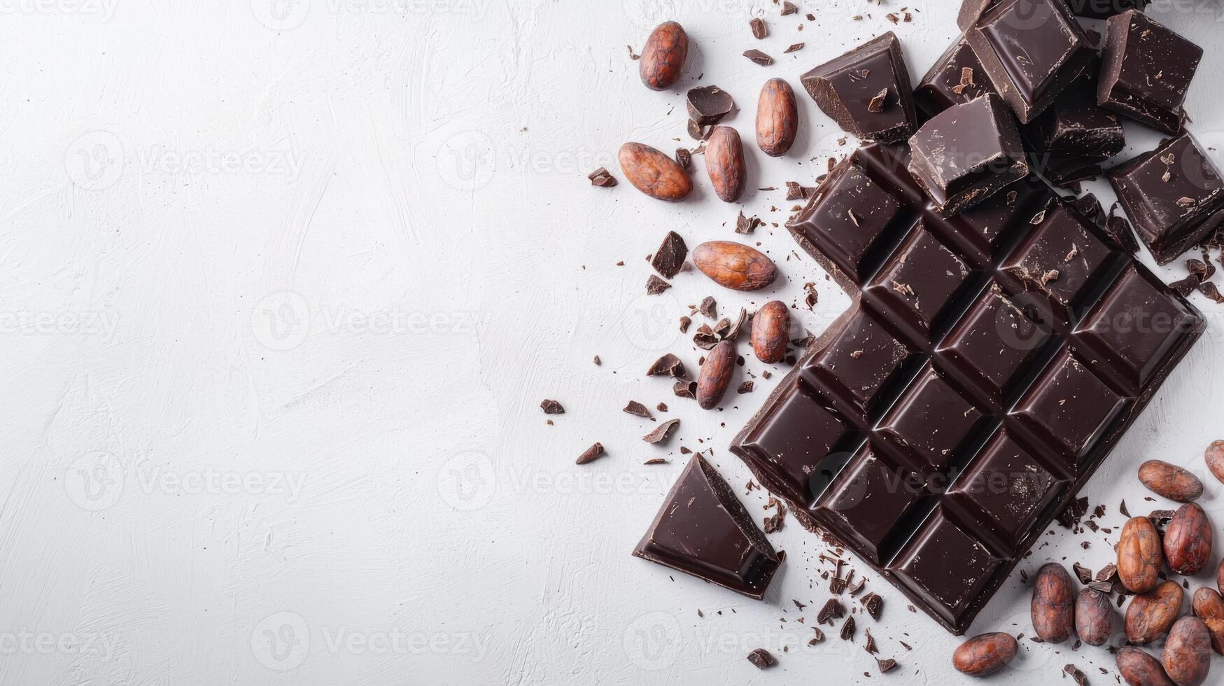 Chocolate bar broken into pieces with cocoa beans on white background photo
