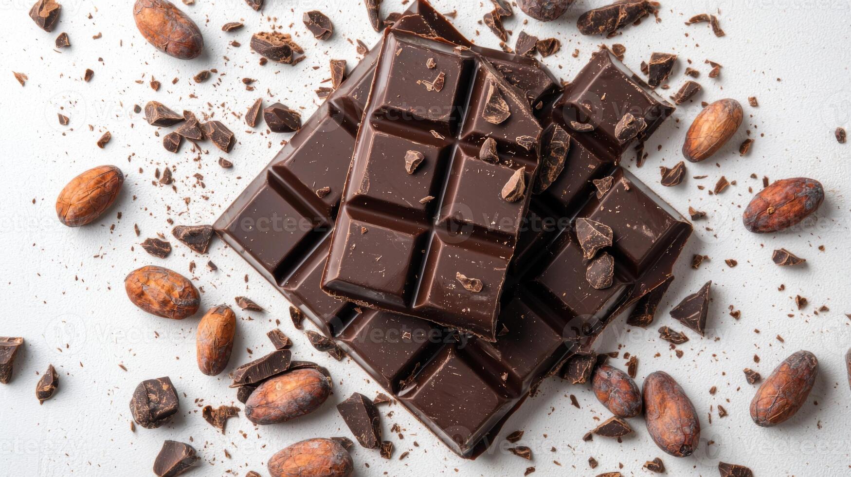 Chocolate bar broken into pieces with cocoa beans on white background photo