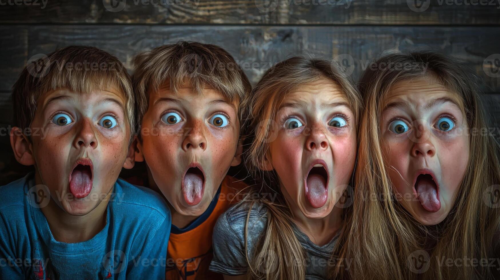 Children making silly and goofy faces, capturing the expressive gestures of their facial expressions photo