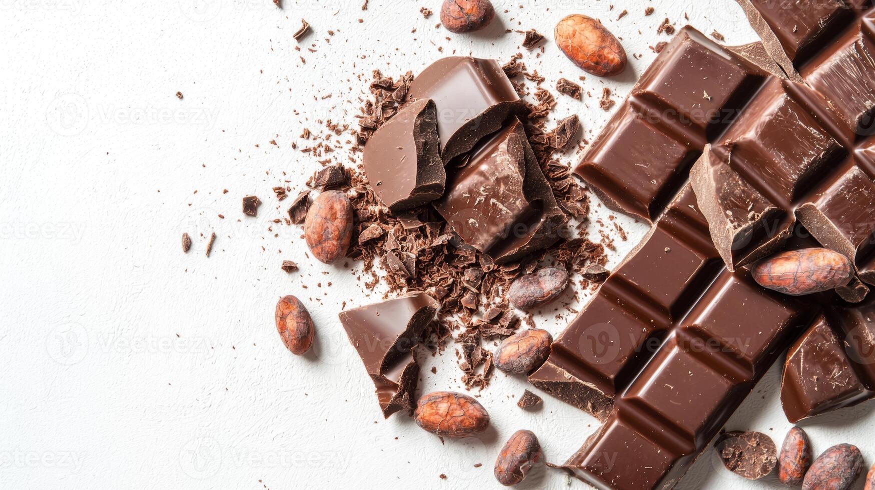 Chocolate bar broken into pieces with cocoa beans on white background photo