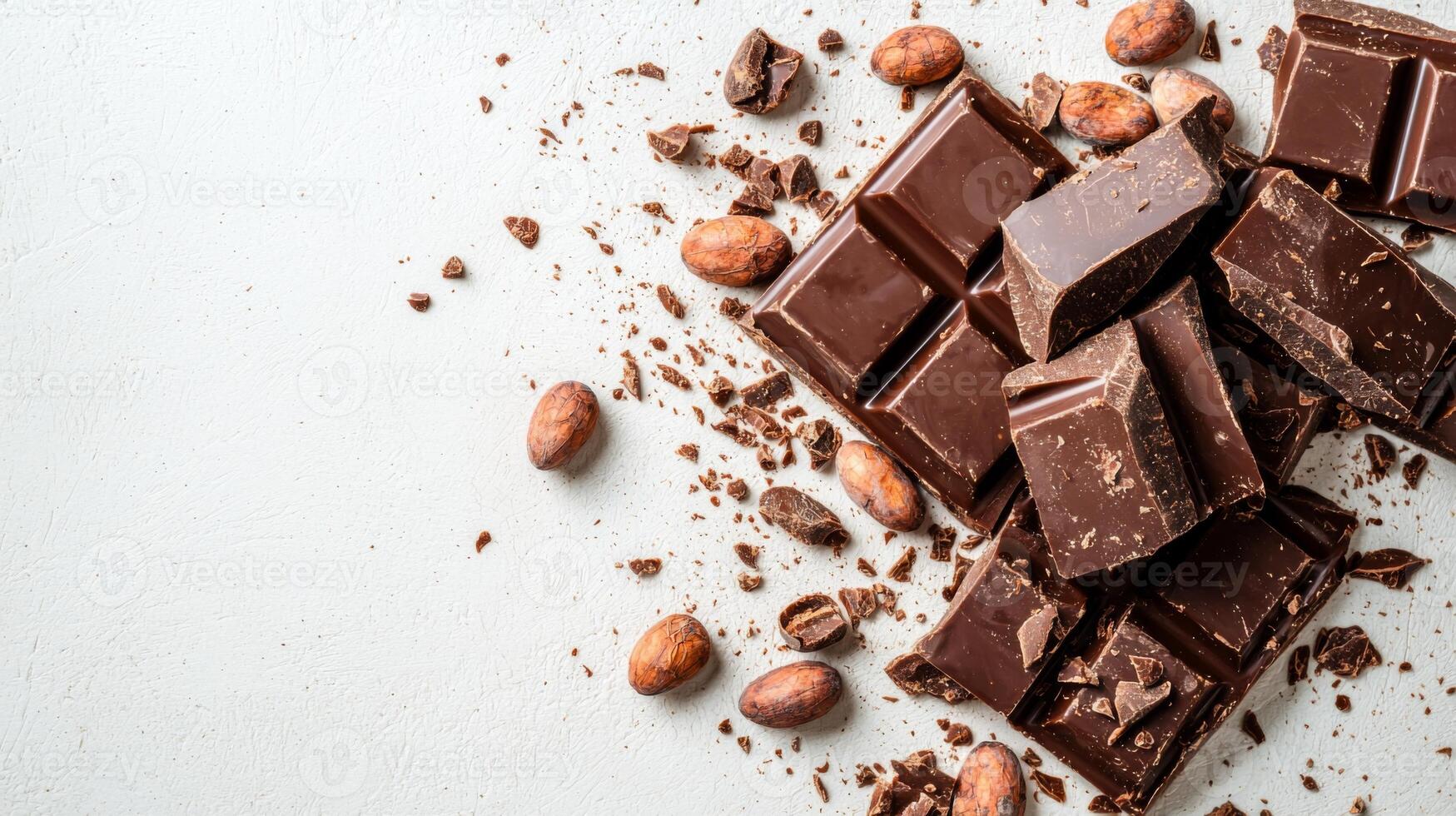 Chocolate bar broken into pieces with cocoa beans on white background photo