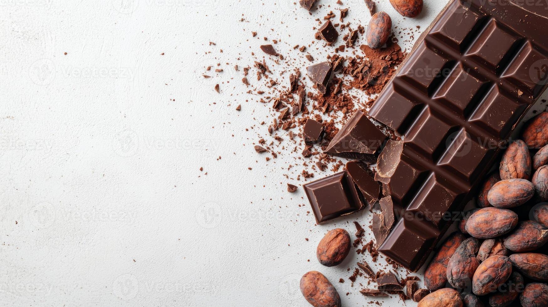 Chocolate bar broken into pieces with cocoa beans on white background photo