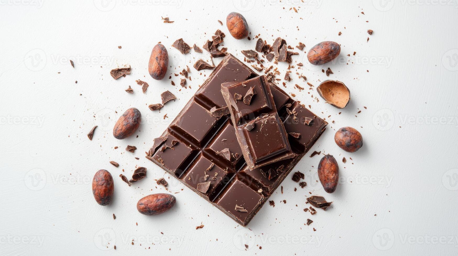 Chocolate bar broken into pieces with cocoa beans on white background photo