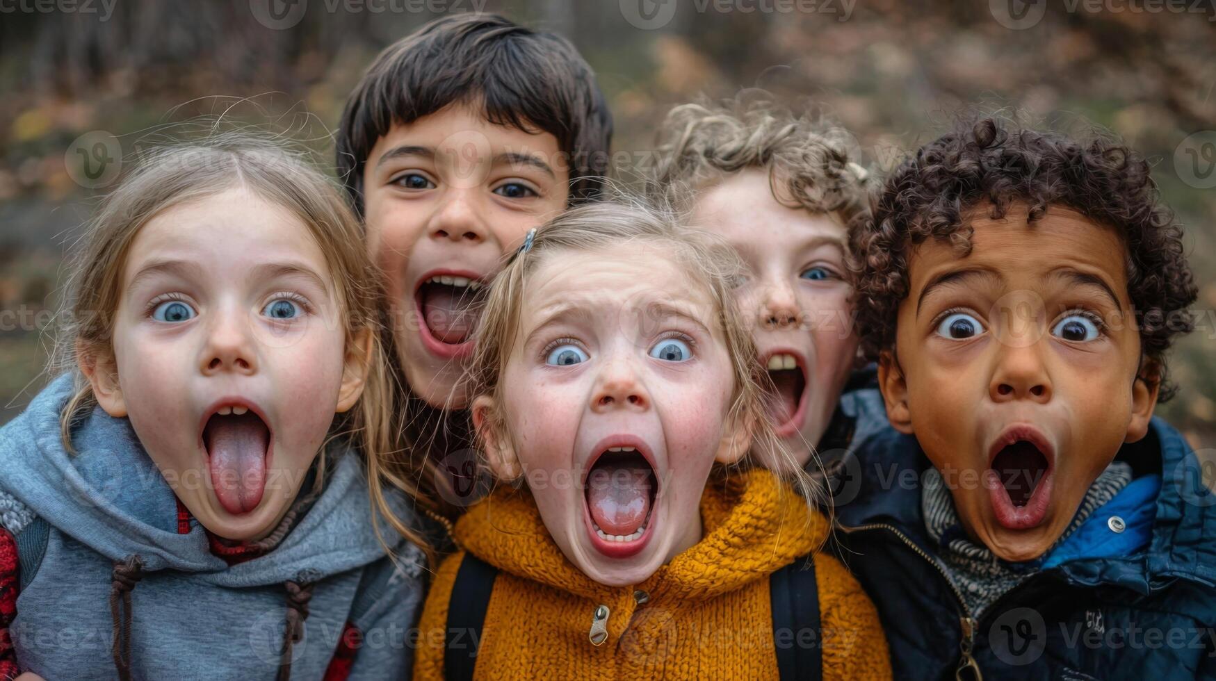 Children making silly and goofy faces, capturing the expressive gestures of their facial expressions photo