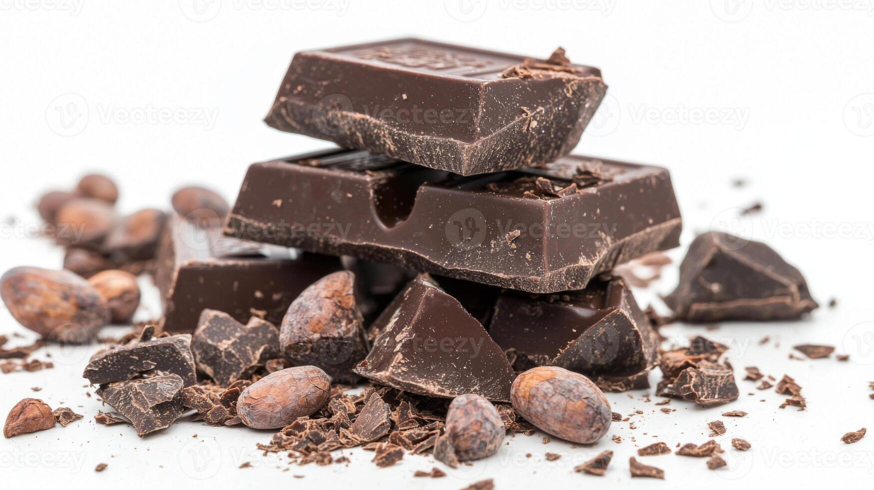 Chocolate bar broken into pieces with cocoa beans on white background photo