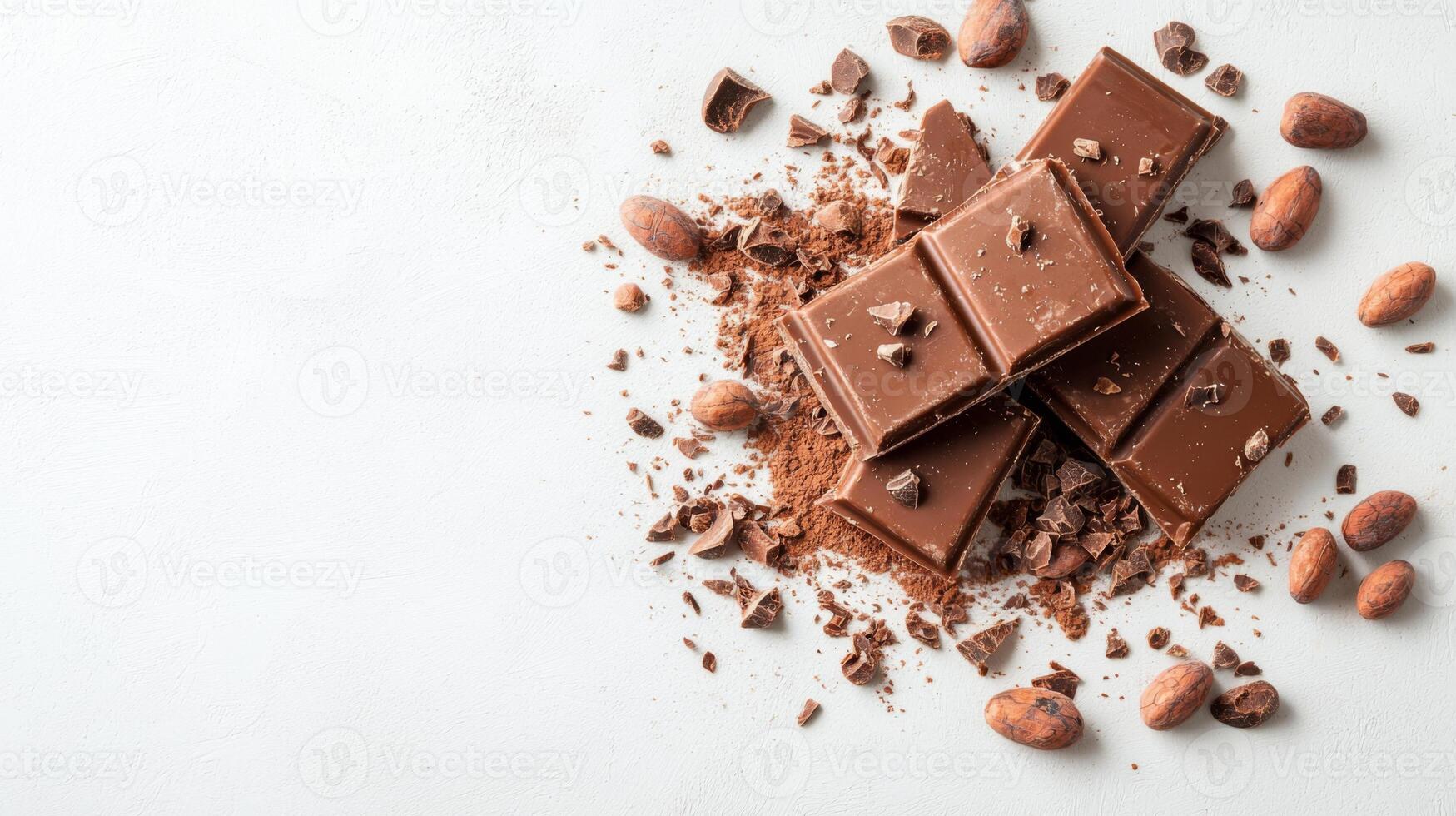 Chocolate bar broken into pieces with cocoa beans on white background photo