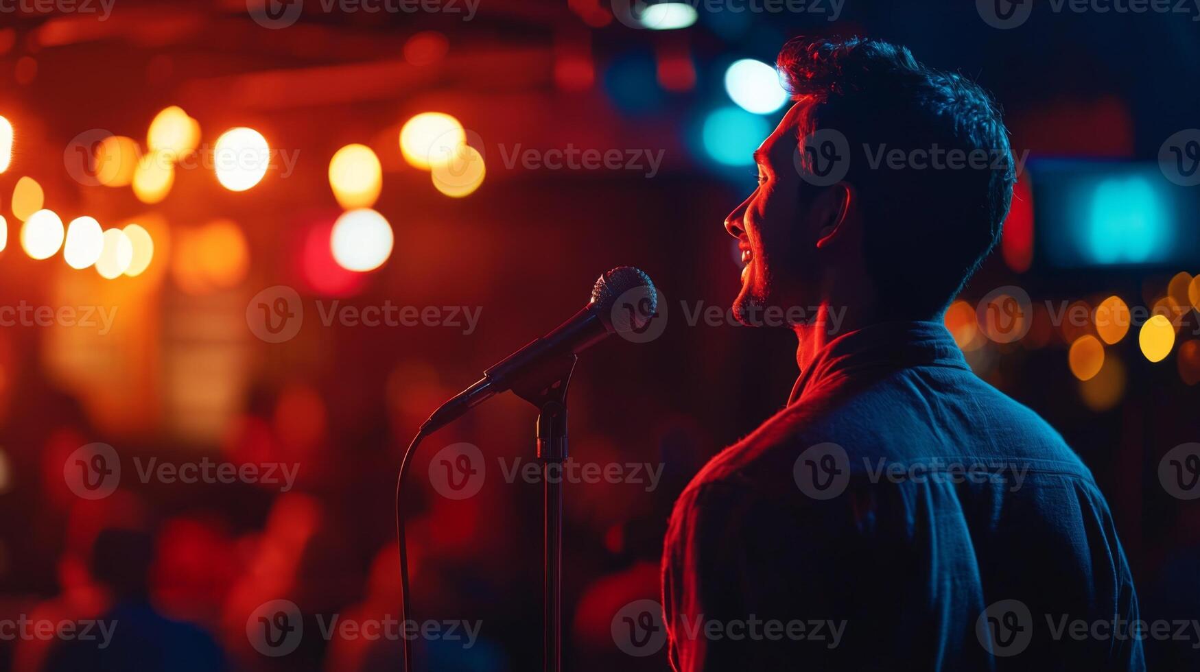Comedian performing stand-up show on stage routine in comedy club photo