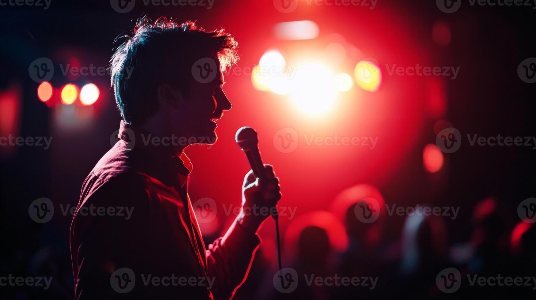 Comedian performing stand-up show on stage routine in comedy club photo