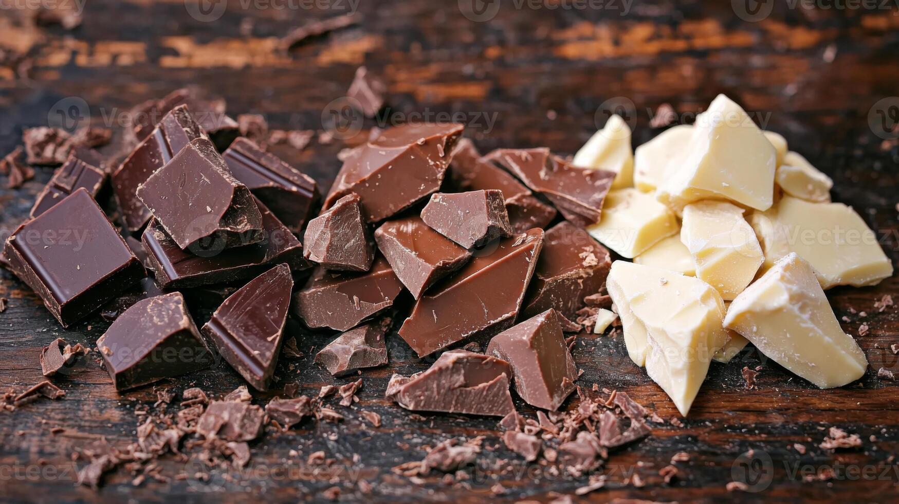 Dark, milk, and white chocolate varieties side by side. Chocolate pieces in diffrent color photo