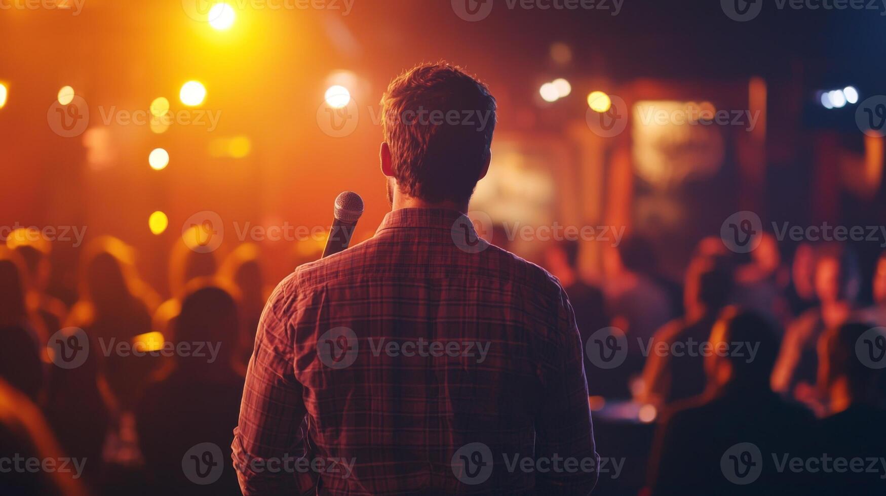 Comedian performing stand-up show on stage routine in comedy club photo