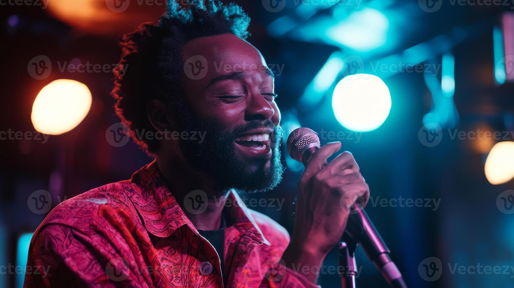Comedian performing stand-up show on stage routine in comedy club photo
