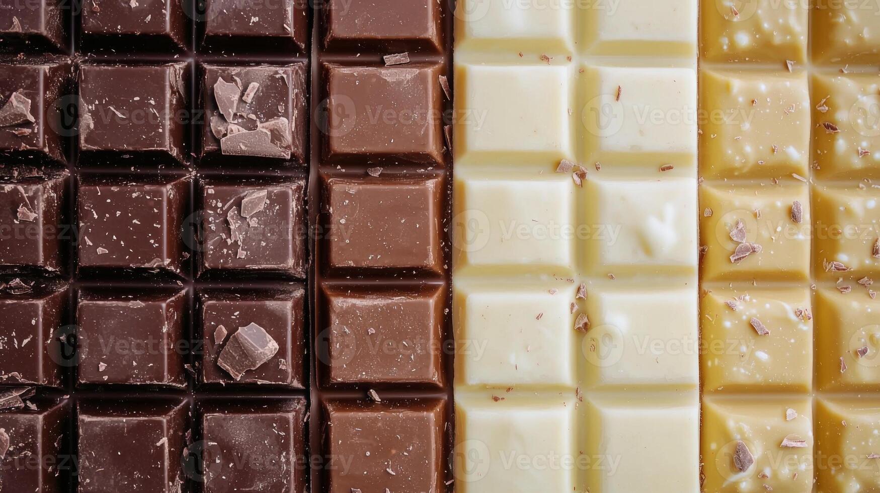 Dark, milk, and white chocolate varieties side by side. Chocolate pieces in diffrent color photo