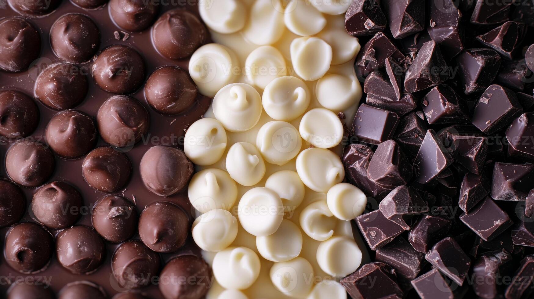 Dark, milk, and white chocolate varieties side by side. Chocolate pieces in diffrent color photo