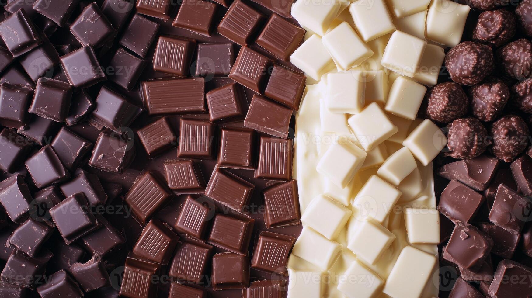 Dark, milk, and white chocolate varieties side by side. Chocolate pieces in diffrent color photo